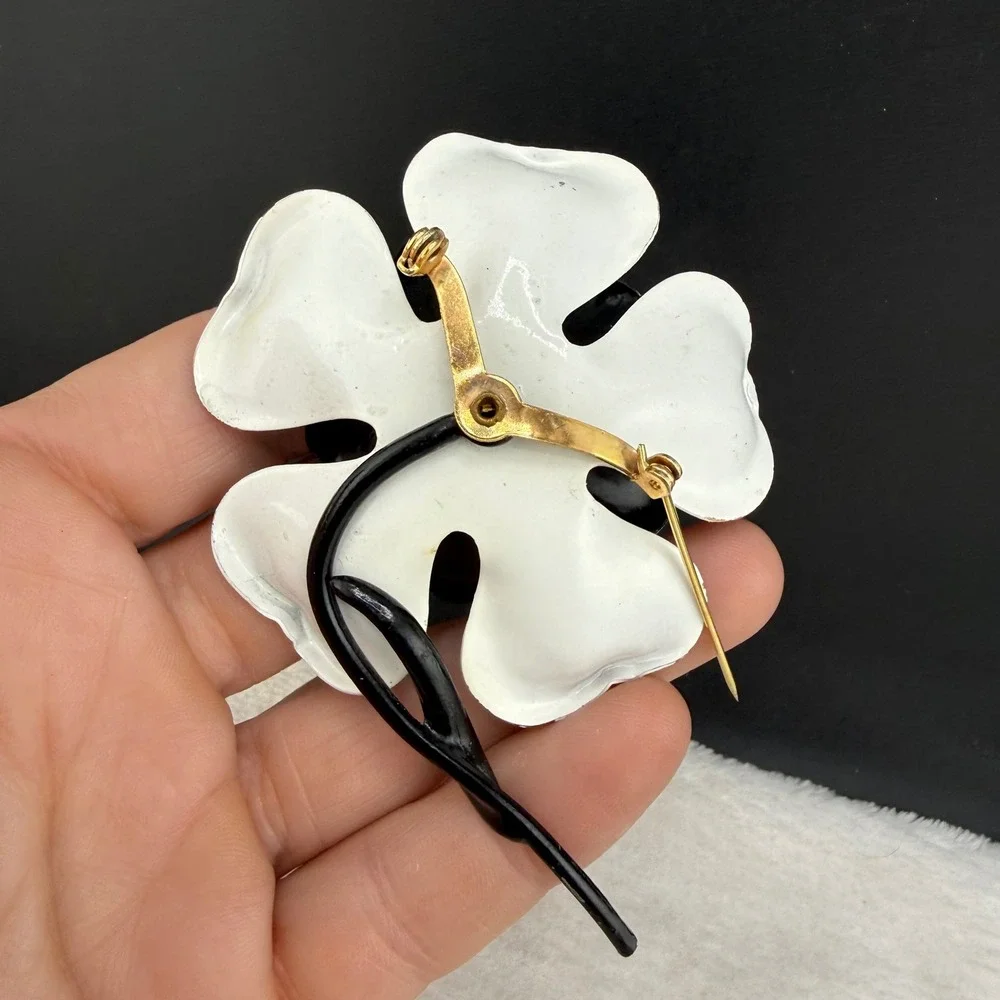 Vintage Enamel Flower Brooch Black White Layered Floral Pin  Mod Pop Art